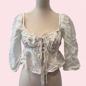 H&M Brock Collection White Lace-Up Corset Top | Puff Sleeves | Size S